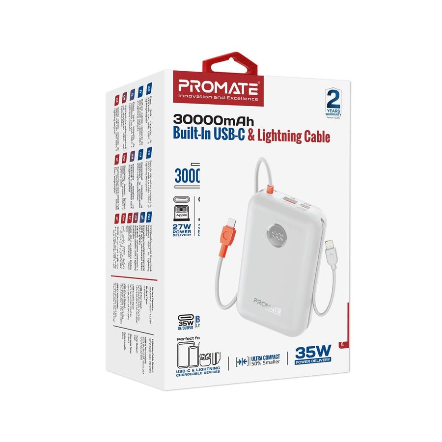 Promate POWERPOD-30-WHT - 30000mAh Ultra Compact 35W SuperSpeed Power Bank Built-in USB-C & Lightning Cables. 35W