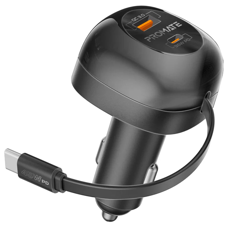 Promate  POWERDRIVE-RC65 62W PD In-Car Phone Charger with Retractable 80cm USB-C Cable