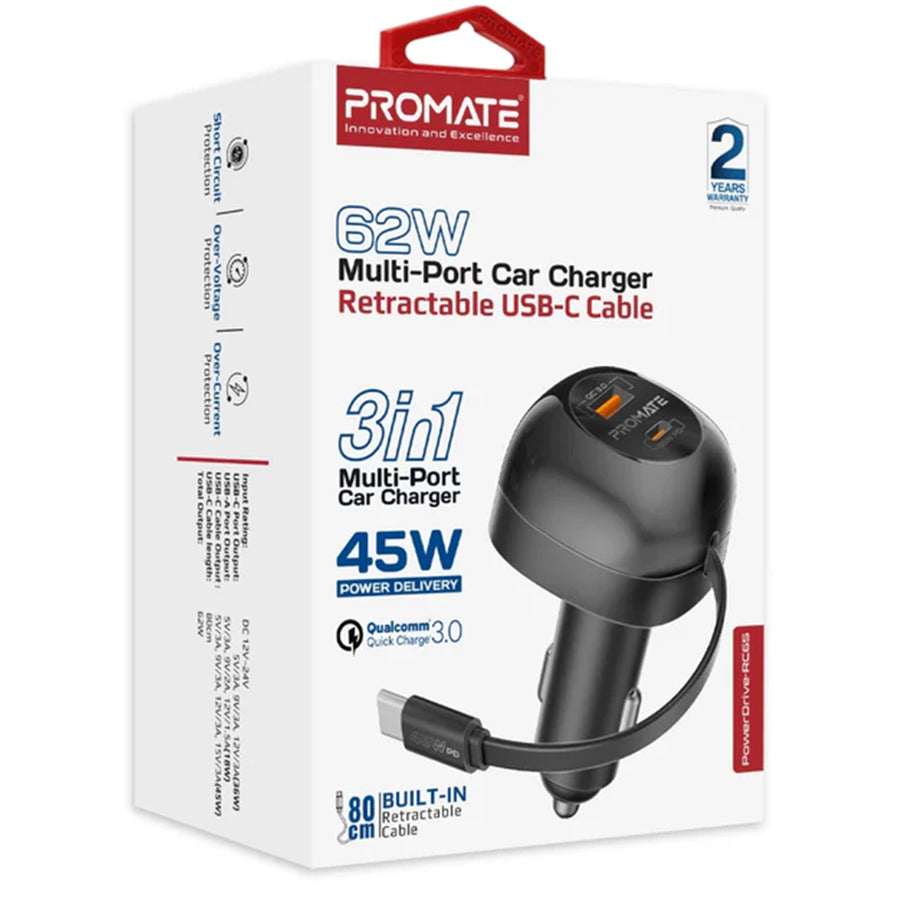 Promate  POWERDRIVE-RC65 62W PD In-Car Phone Charger with Retractable 80cm USB-C Cable
