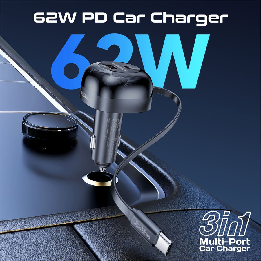 Promate  POWERDRIVE-RC65 62W PD In-Car Phone Charger with Retractable 80cm USB-C Cable