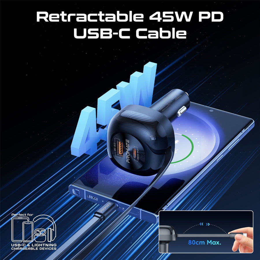 Promate  POWERDRIVE-RC65 62W PD In-Car Phone Charger with Retractable 80cm USB-C Cable