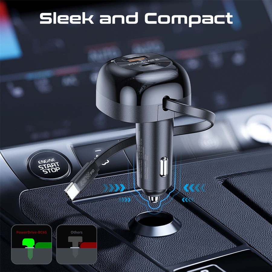 Promate  POWERDRIVE-RC65 62W PD In-Car Phone Charger with Retractable 80cm USB-C Cable