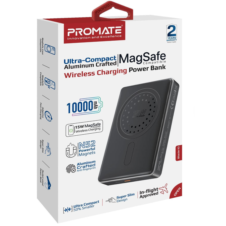 Promate BLADE-10-BLK - 10000mAh UltraSlim Wireless Charging 15W MagSafe 20WPD USB-C In/Out Port Smart