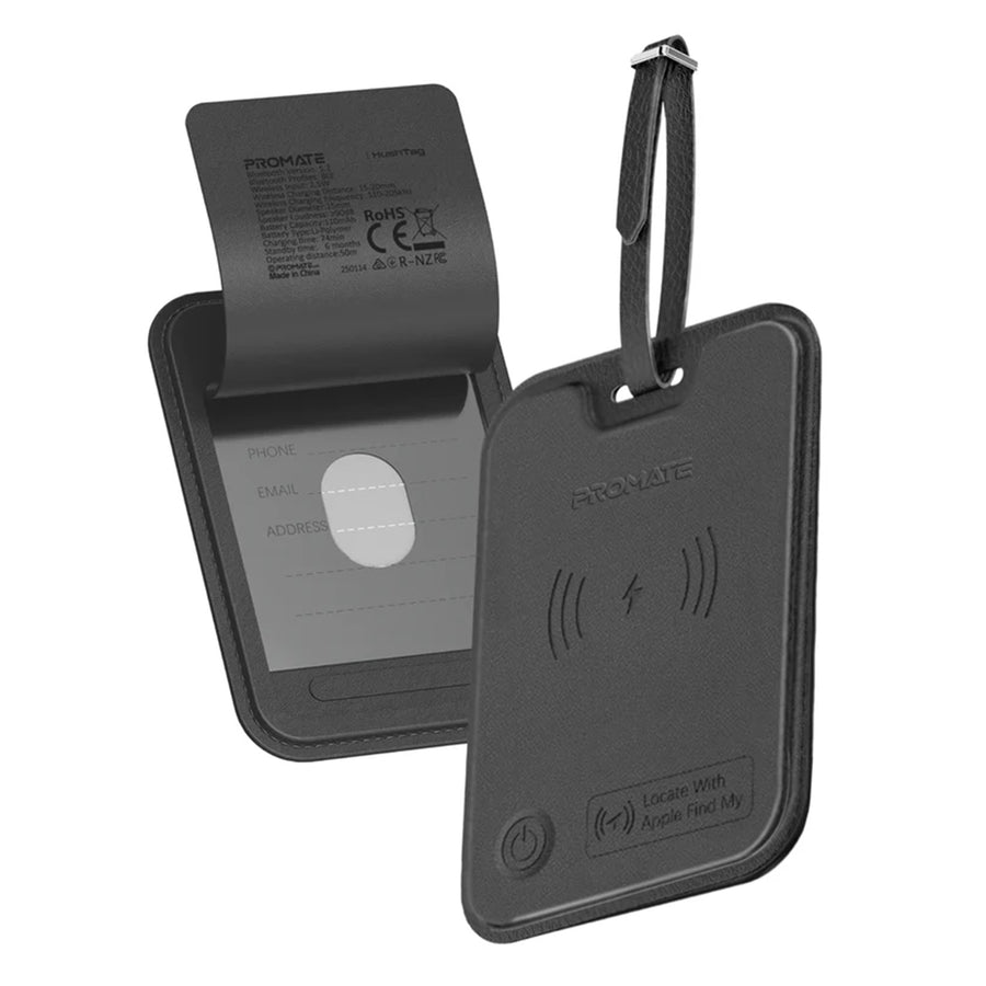 Promate HUSHTAG - Anti-Loss Slim Leather Luggage Tag with Smart Trackin Wireless Rechargeable Battery