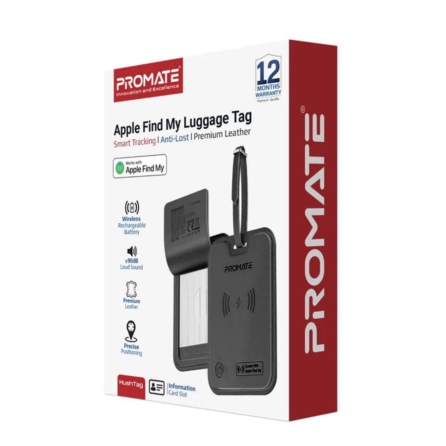 Promate HUSHTAG - Anti-Loss Slim Leather Luggage Tag with Smart Trackin Wireless Rechargeable Battery
