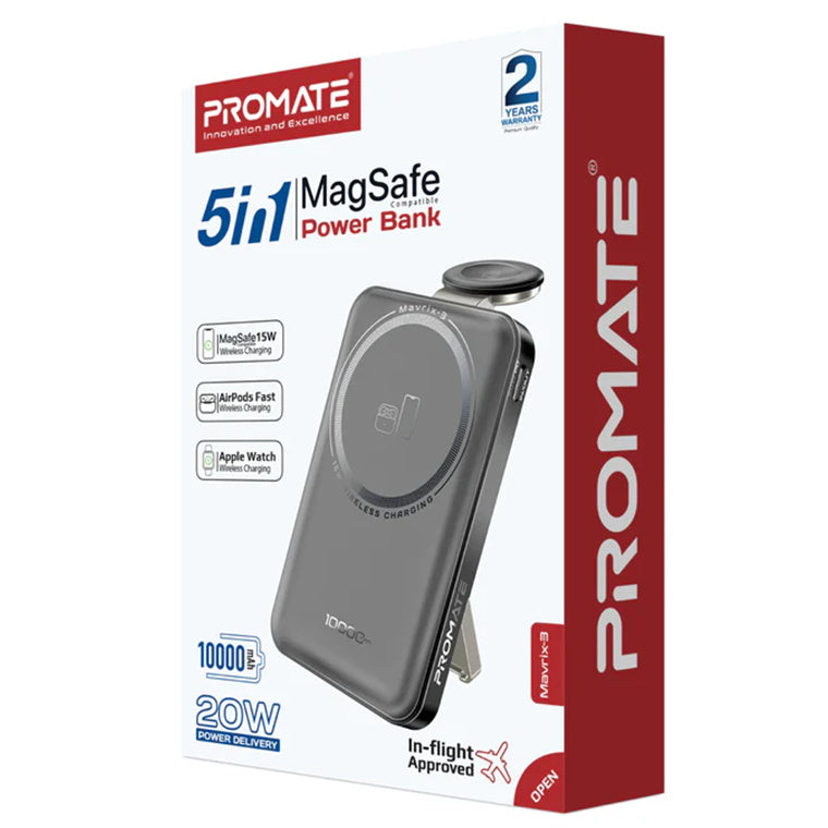 Promate MAVRIX-3 - 10000mAh 3-in-1 Smartphone & Apple Watch Charging PowerBank w Dual USB-C & Lightning Cable