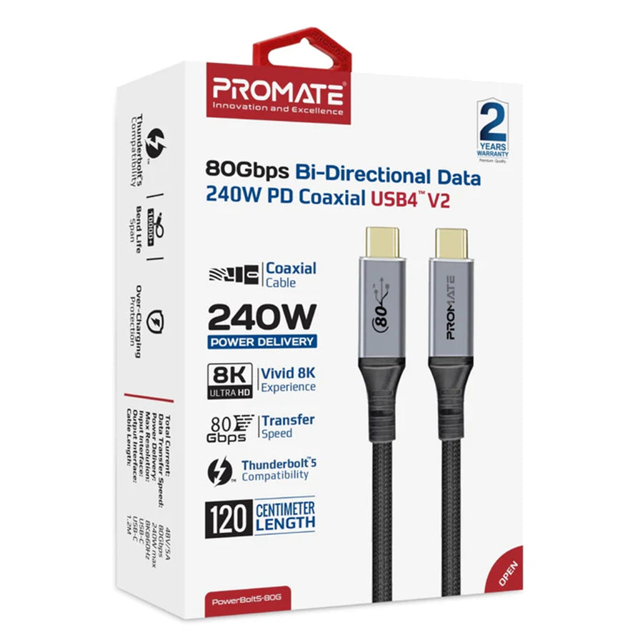 Promate POWERBOLT-80G - 1.2M High-Speed 80Gbps USB4 Cable with 240W PD, 8K@60Hz, Supports Thunderbolt 5