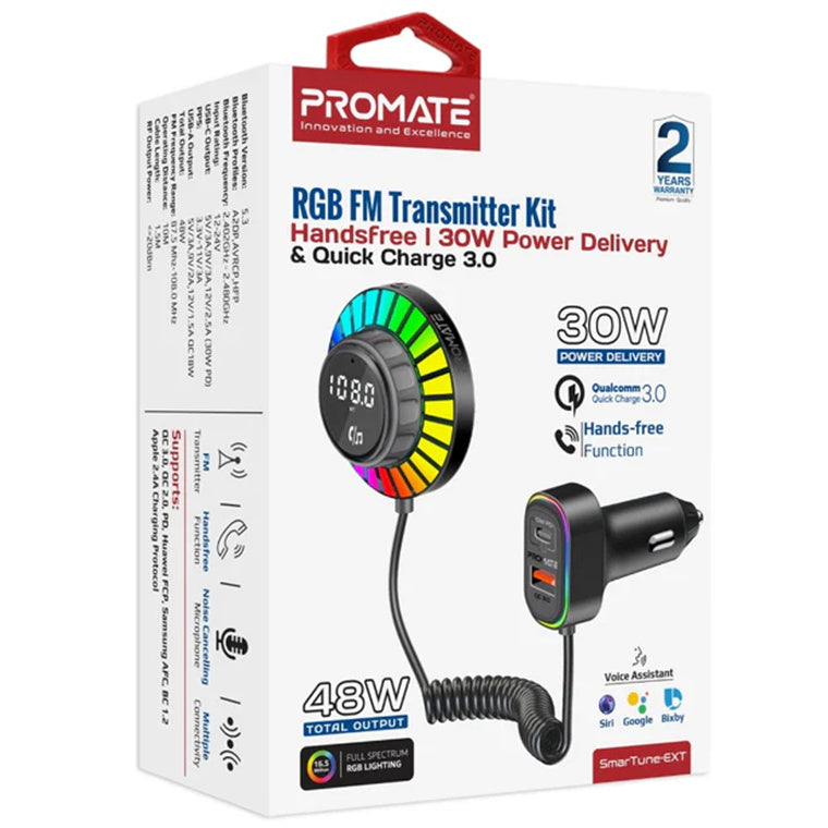 Promate SMARTUNE-EXT RGB FM Transmitter with Handsfree & 30W PD & QC3.0 Ports Includes 1.5m Extenstion Cord, Sound Activated RGB Lights, 48W Total Output, FM Range 87.5-108 Mhz, Operating Distance 10m.