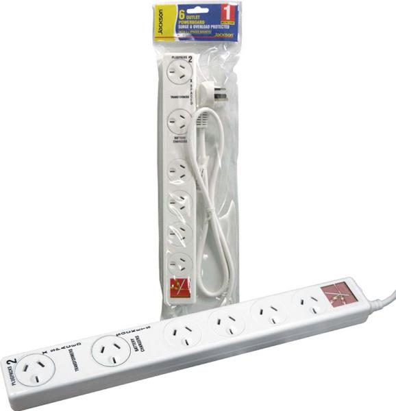 DYNAMIX PT6969S - JACKSON 6 way Protected Power Board with 2 double spaced ports 1m power cord Surge & Overload protected