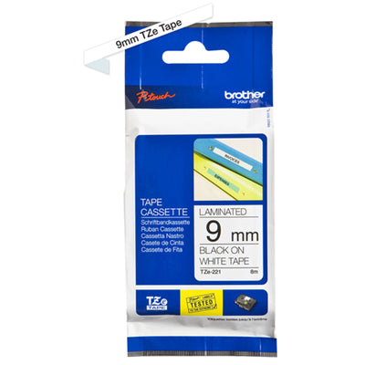 Brother Genuine TZe-221 Labelling Tape Black on White, 9mm wide 8m long for PTH110, PT-D410, PTD610BT, PTD210,PT-P300BT , PT-P910BT