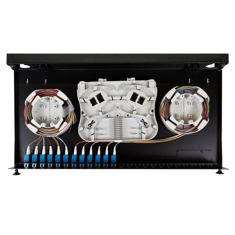 DYNAMIX FPP24SF-L124LA1 - 19'' 1U Fibre Tray 24C LC SM Fully Loaded 24x LC Elite OS2 Pigtails 12x LC Duplex Blue