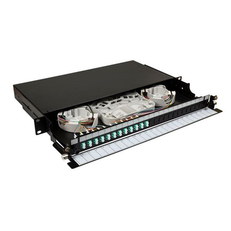 DYNAMIX FPP24SF-L124QO4 - 19'' 1U Fibre Tray 24C LC MM Fully Loaded 24x LC Elite OM4 Pigtails 12x LC Duplex Aqua