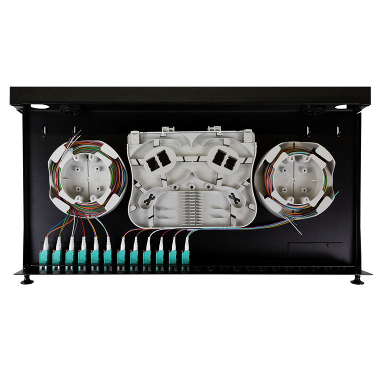 DYNAMIX FPP24SF-L124QO4 - 19'' 1U Fibre Tray 24C LC MM Fully Loaded 24x LC Elite OM4 Pigtails 12x LC Duplex Aqua