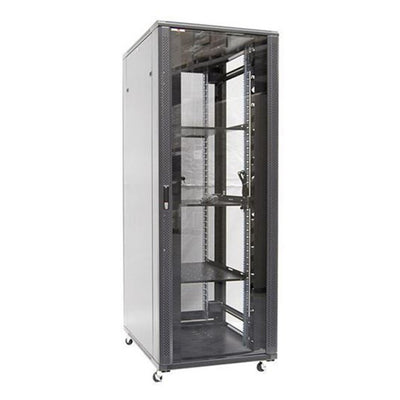 Dynamix RSR27-6X8 27RU Server Cabinet 800mm Deep (600x800x1388mm) Includes 1x Fixed Shelf, 4x Fans, 25x Cage Nuts, 4x Castors & 4x Level Feet. Black Gloss Colour, Tinted Glass Door, Removeable Sides,