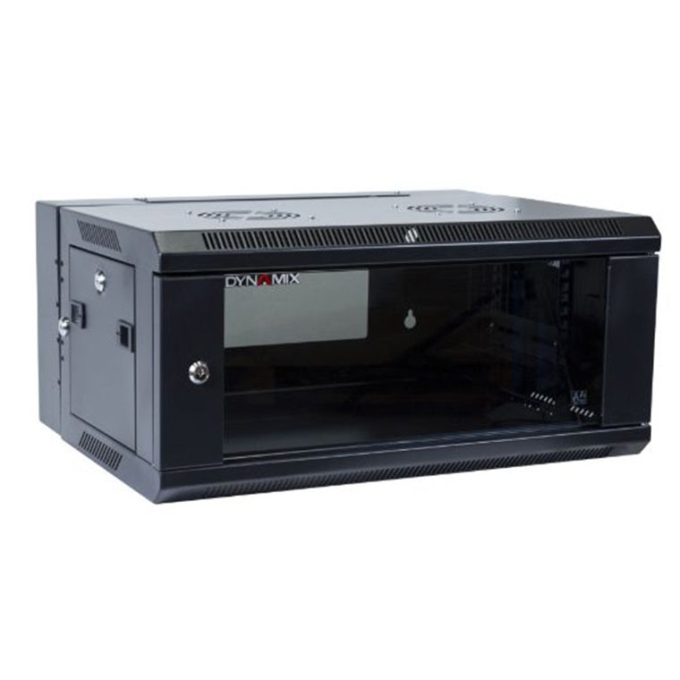 Dynamix 4RU Universal Swing Wall Mount Cabinet. Removable Back mount supplied with Left & Right Hinges (600 x 600 x 4U). Includes 10x nuts. Gloss black colour.