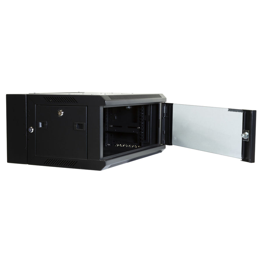 Dynamix 4RU Universal Swing Wall Mount Cabinet. Removable Back mount supplied with Left & Right Hinges (600 x 600 x 4U). Includes 10x nuts. Gloss black colour.