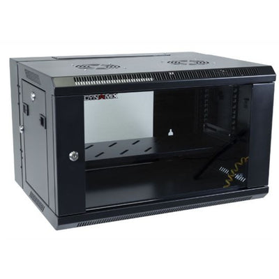 Dynamix 6RU Universal Swing Wall Mount Cabinet. Removable Back mount supplied with Left & Right Hinges (600 x 600 x 6U). Includes 10x nuts. Gloss black colour.