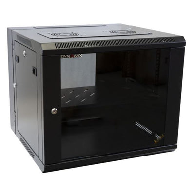 Dynamix 9RU Universal Swing Wall Mount Cabinet. Removable Back mount supplied with Left & Right Hinges (600 x 600 x 9U). Includes 10x nuts. Gloss black colour.