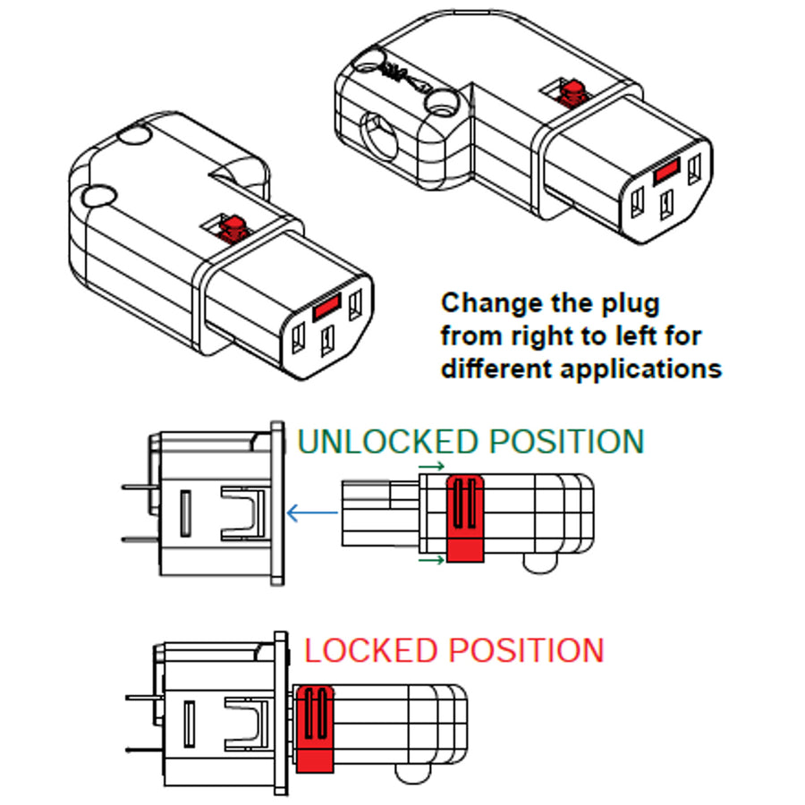 KNKS19-01 - 10A C13 IEC-Lock Angled (Left or Right) rewireable socket