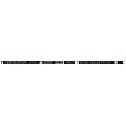 RackPower P3BI39J5 - Power Strip: 3 phase branch, (30)C13 10A, (9)C19 16A IEC outlets, (6)16A 6kA C curve hydraulic-magnetic CBs, 1.7m Vertical, 32A total rating, 3m 6mm2 5 core front entry cable to bare end.   PER PHASE: (10)C13 on 16A CB + (3)C19 on ...