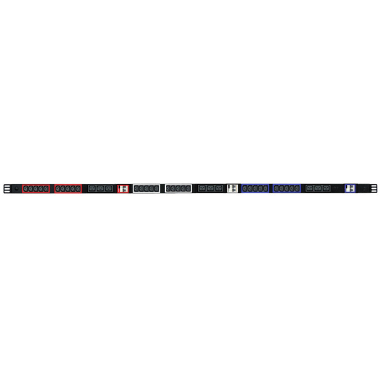 RackPower P3BI39J5 - Power Strip: 3 phase branch, (30)C13 10A, (9)C19 16A IEC outlets, (6)16A 6kA C curve hydraulic-magnetic CBs, 1.7m Vertical, 32A total rating, 3m 6mm2 5 core front entry cable to bare end.   PER PHASE: (10)C13 on 16A CB + (3)C19 on ...