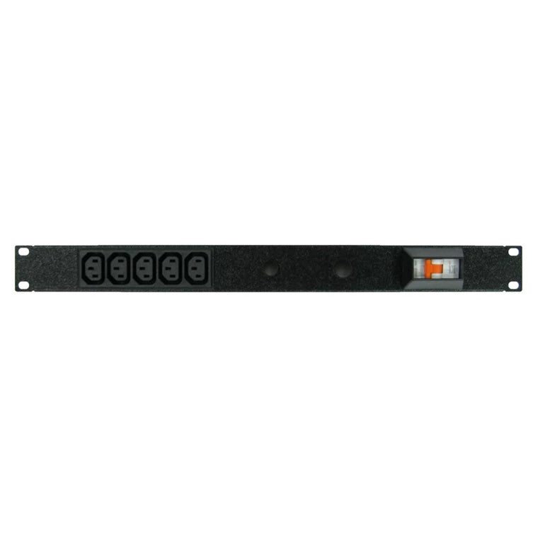 RackPower PI051-A1C31 - Power Strip: 5x 10A C13 IEC outlets, 19" 1U. 10A 6kA C curve CB. 3m 1mm2 front entry lead to 10A 3 pin plug.