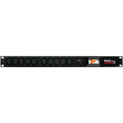 RackPower PI101-A1C04 - Power strip: 10x 10A C13 IEC outlets, 19" 1U, 10A 6kA C curve CB. Front mounted 10A C14 IEC inlet, no lead