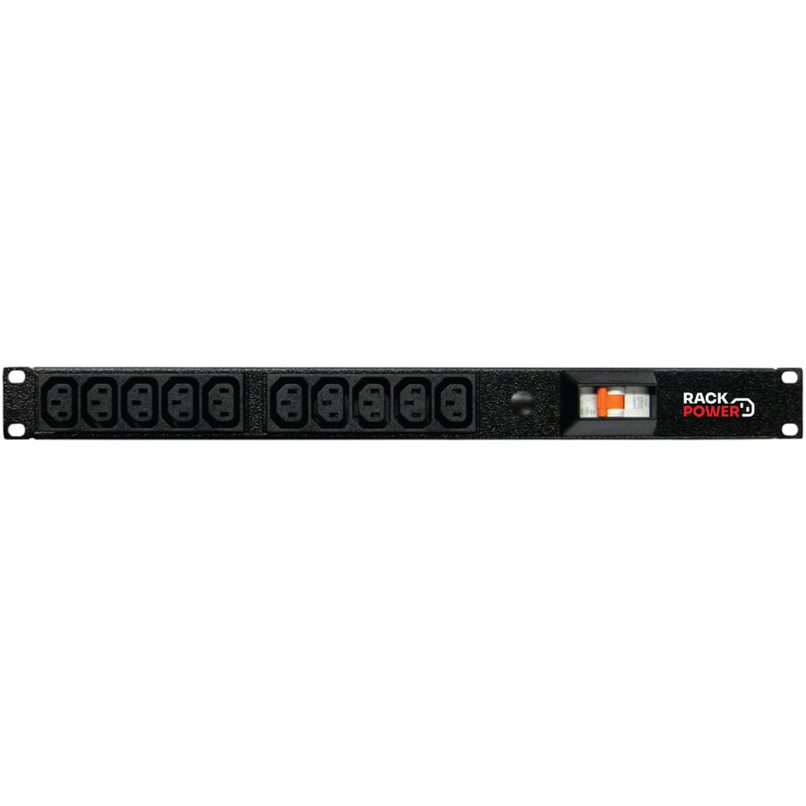 RackPower PI101-A1C04 - Power strip: 10x 10A C13 IEC outlets, 19" 1U, 10A 6kA C curve CB. Front mounted 10A C14 IEC inlet, no lead