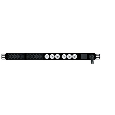 RackPower Pi101N061-F2X30 Power Strip: 10x 10A C13 IEC black outlets + 6x 10A white 3pin outlets, 0.7m vertical, 16A total rating, no CB, 3m 1.5mm2 front bottom entry lead to bare end.