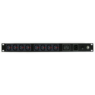 RackPower PK081012-A2T04 - Power Strip: 8x C13 + 1x C19 IEC-Lock outlets, 19'' 1U, 16A thermal overload, front 16A C20 IEC inlet.
