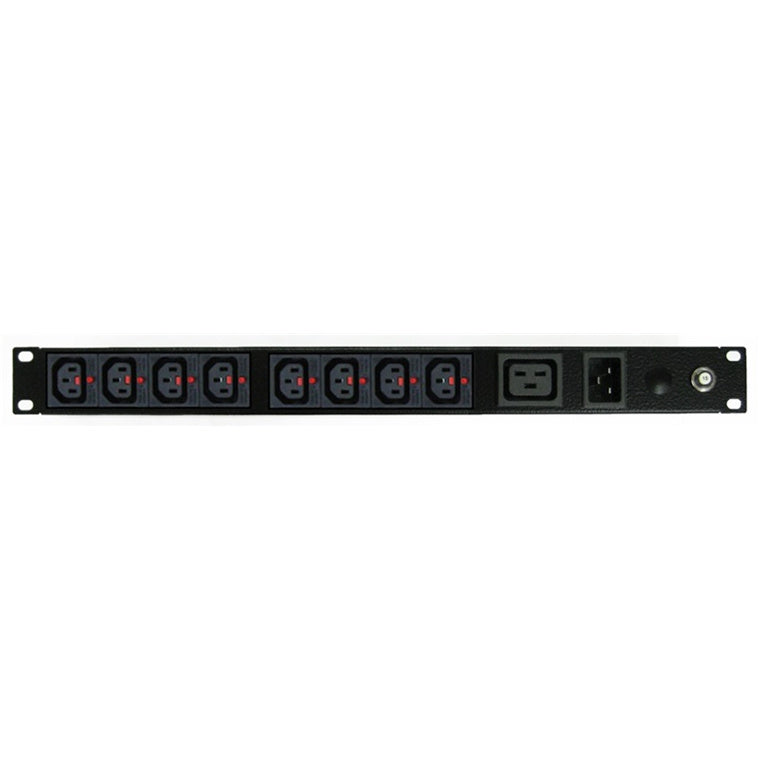 RackPower PK081012-A2T04 - Power Strip: 8x C13 + 1x C19 IEC-Lock outlets, 19'' 1U, 16A thermal overload, front 16A C20 IEC inlet.