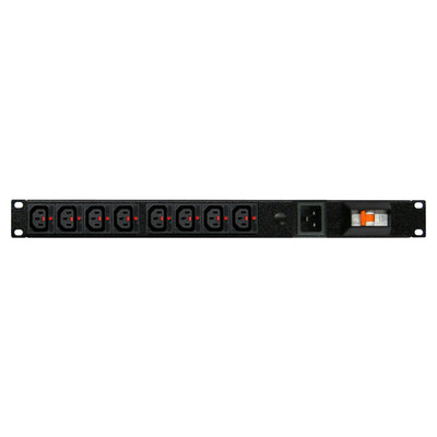 RackPower PK081-A1C04 - Power Strip: 8 x 10A C13 IEC Lock outlets, 19" 1U, 10A 6kA C curve CB, no lead, 10A C14 IEC inlet