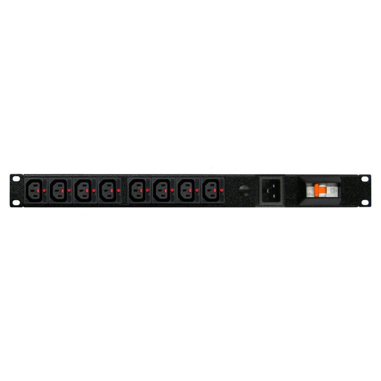 RackPower PK081-A1C04 - Power Strip: 8 x 10A C13 IEC Lock outlets, 19" 1U, 10A 6kA C curve CB, no lead, 10A C14 IEC inlet