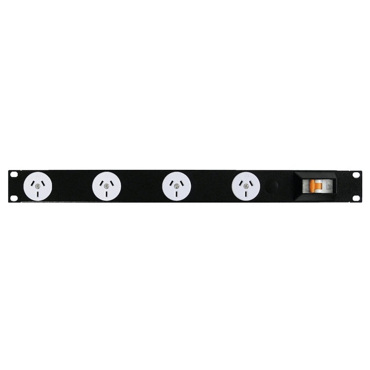 RackPower PN041-A1C31 - Power Strip: 4 x 10A 3pin outlets, 19" 1U, 10A 6kA C curve CB, 3m 1mm2 front entry lead, 10A 3pin Plug