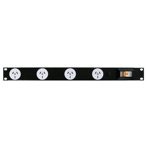 RackPower PN041-A1C31 - Power Strip: 4 x 10A 3pin outlets, 19" 1U, 10A 6kA C curve CB, 3m 1mm2 front entry lead, 10A 3pin Plug