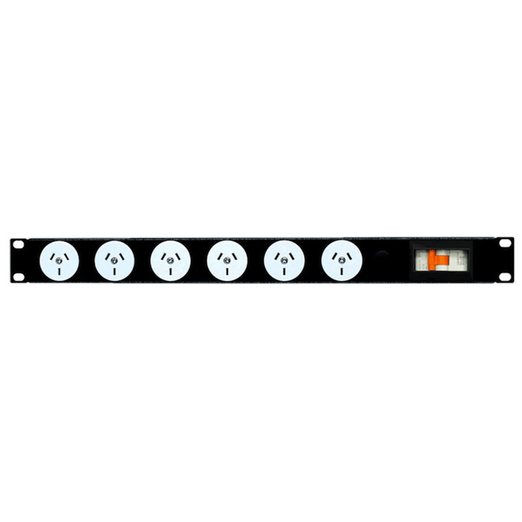 RackPower PN061-A1C31 - Power Strip: 6 x 10A 3pin outlets, 19" 1U, 10A 6kA C curve CB, 3m 1mm2 front entry lead, 10A 3pin Plug