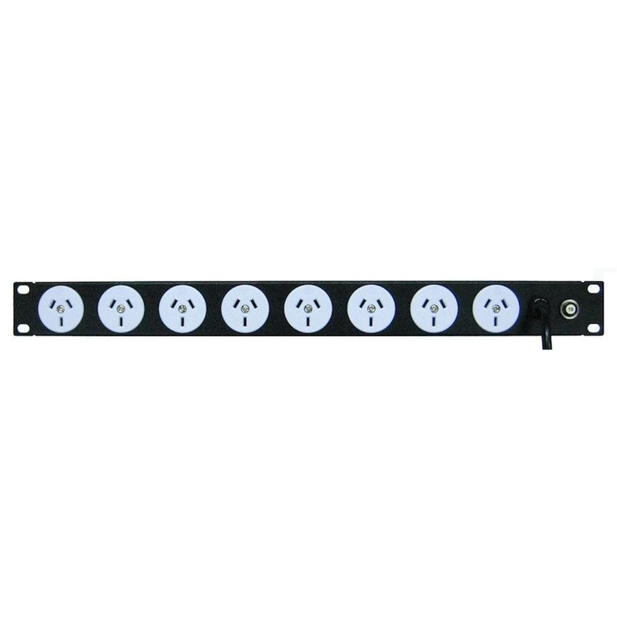 RackPower Power Strip: 8x 10A 3pin outlets, 19" 1U, 10A Thermal Overload, 3m 1mm2 front entry lead, 10A 3 pin Plug