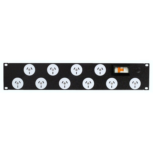 RackPower PN101-B1C31 - Power Strip: 10 x 10A 3pin outlets, 19" 2U, 10A 6kA C curve CB, 3m 1mm2 front entry lead, 10A 3pin Plug