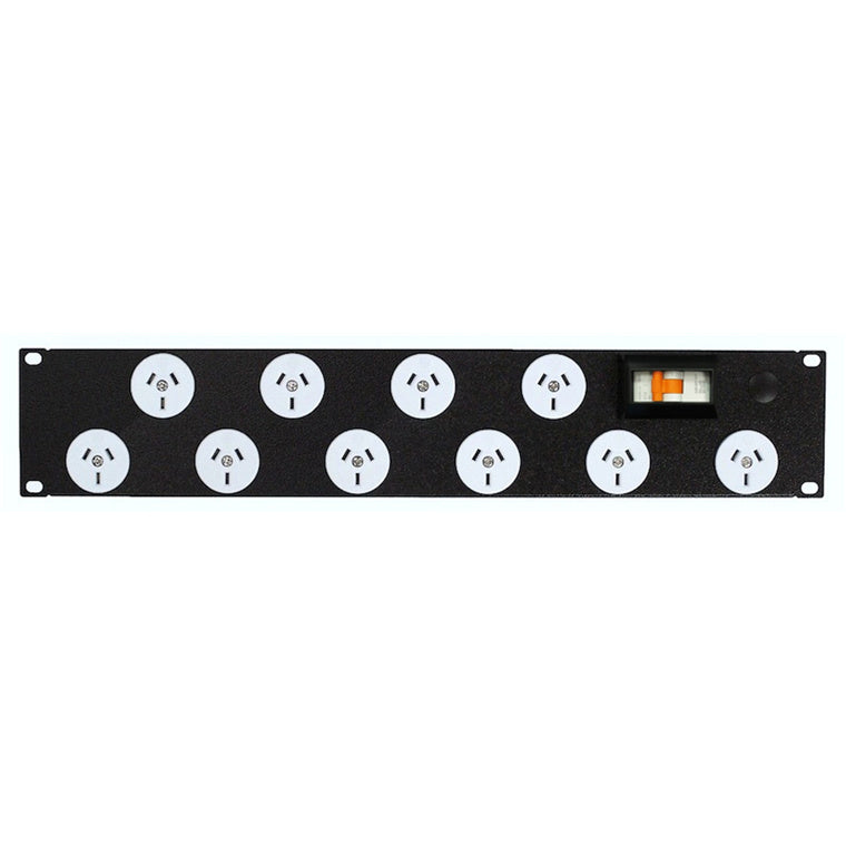 RackPower PN101-B1C31 - Power Strip: 10 x 10A 3pin outlets, 19" 2U, 10A 6kA C curve CB, 3m 1mm2 front entry lead, 10A 3pin Plug