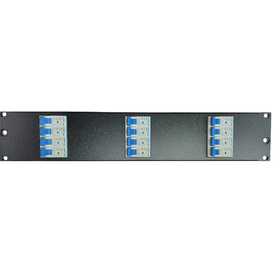 RackPower DBB212E - Distribution Board: 2U 12 horizontal pole Black with fitted Din rails & earth studs. 19" mounting hardware, cable protection grommets and pole fillers.