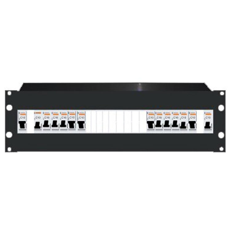 RackPower DBB324E - Distribution Board: 3U 24pole Black with fitted Din rail & earth studs. 19" mounting hardware, cable protection grommets and pole fillers.