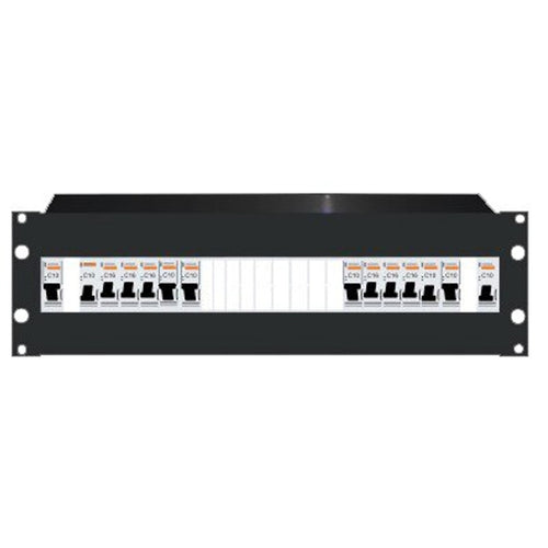 RackPower DBB324E - Distribution Board: 3U 24pole Black with fitted Din rail & earth studs. 19" mounting hardware, cable protection grommets and pole fillers.