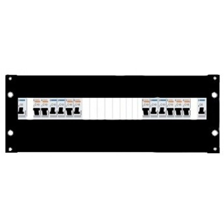 RackPower DBB424E - Distribution Board: 4U 24pole Black with fitted Din rail & earth studs. 19" mounting hardware, cable protection grommets and pole fillers (to cover 12 pole).