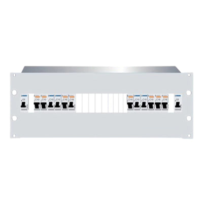 RackPower DBG424E - Grey 4U 24pole Distribution Board with earth studs, fitted Din rail, 19" mounting hardware, cable protection grommets and pole fillers(to cover 12 pole).