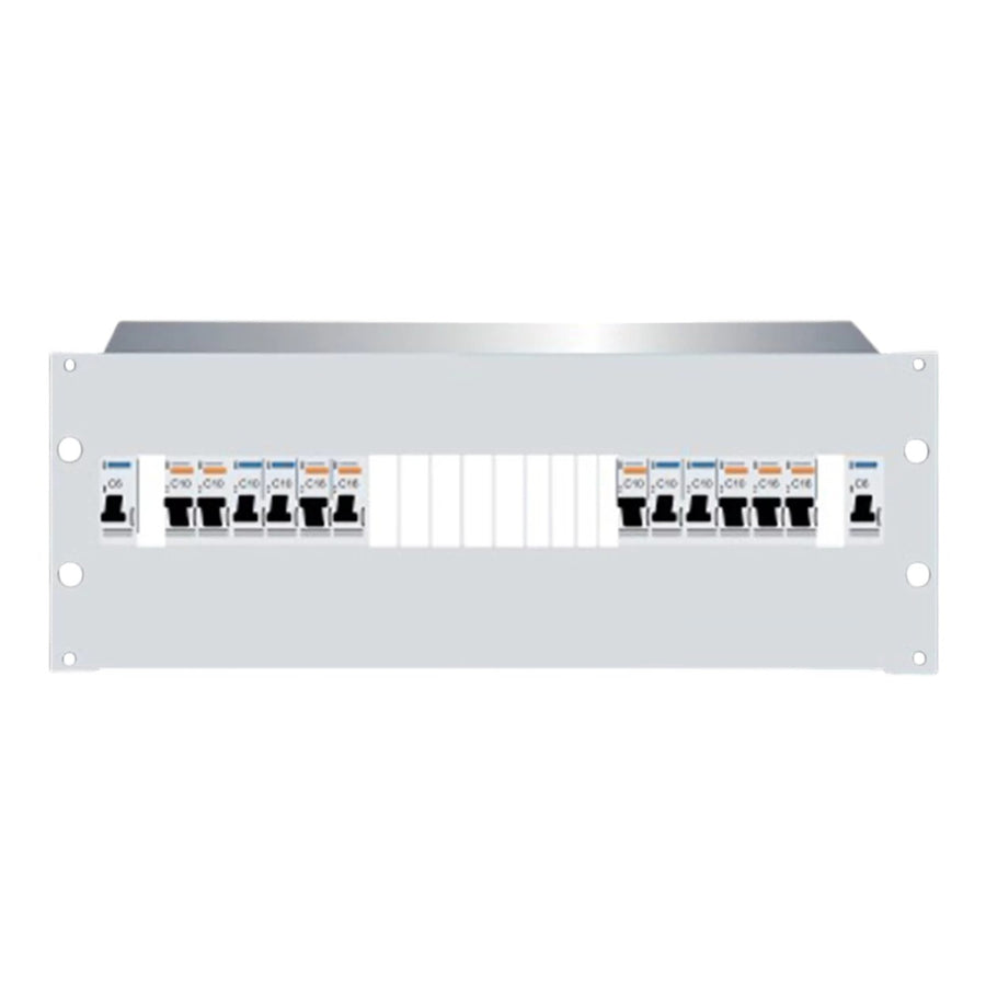 RackPower DBG424E - Grey 4U 24pole Distribution Board with earth studs, fitted Din rail, 19" mounting hardware, cable protection grommets and pole fillers(to cover 12 pole).