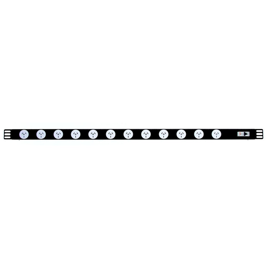 RackPower Power Strip: 12 x 10A 3pin outlets, 1m Vertical, 10A 6kA C curve CB, 2m 1mm2 front entry lead to 3 Pin Plug
