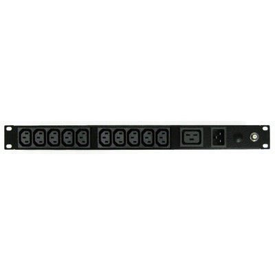 RackPower PI101012-A2T04 - Power strip: 10x 10A C13 + 1x 16A C19 IEC outlets, 19" 1U. 16A thermal overload. 16A C20 inlet.