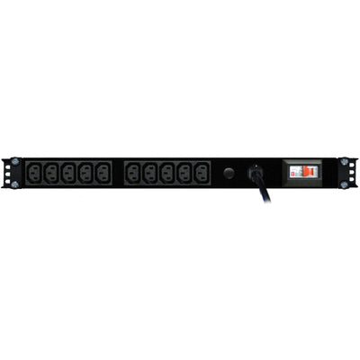 RackPower PI101-E1C34 - Power Strip: 10 x 10A C13 IEC outlets, 0.5m Vertical, 10A 6kA C curve CB, 3m 1mm2 front entry lead, 10A C14 IEC Plug