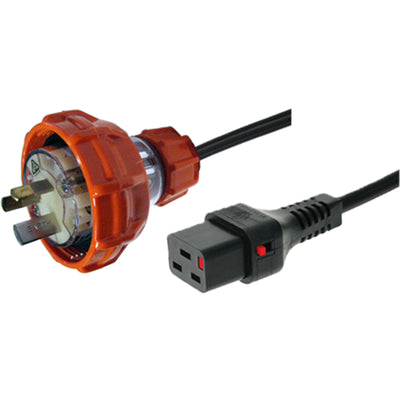 RackPower CF2FK400 - 15A Captive 3pin IP66 fitted plug to 16A C19 IEC-Lock moulded socket on 4m 1.5mm2 black lead