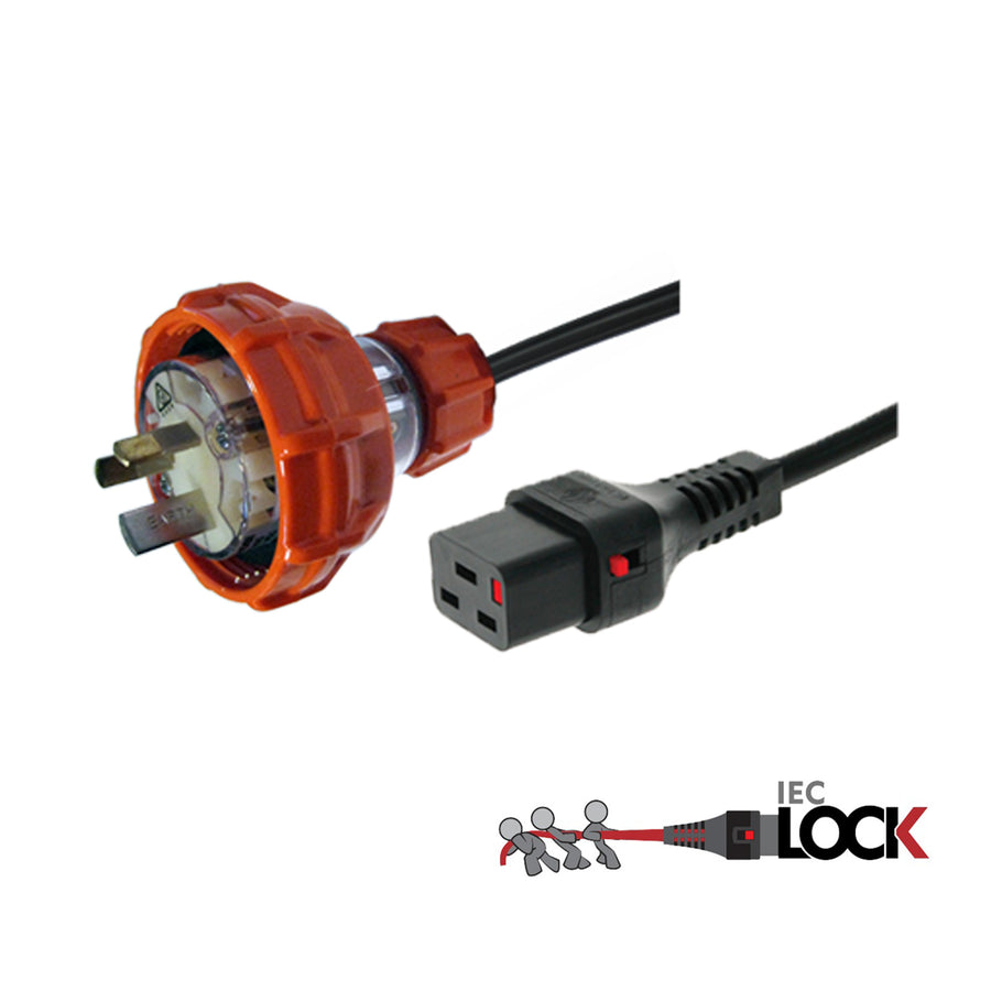 RackPower CF2FK400 - 15A Captive 3pin IP66 fitted plug to 16A C19 IEC-Lock moulded socket on 4m 1.5mm2 black lead